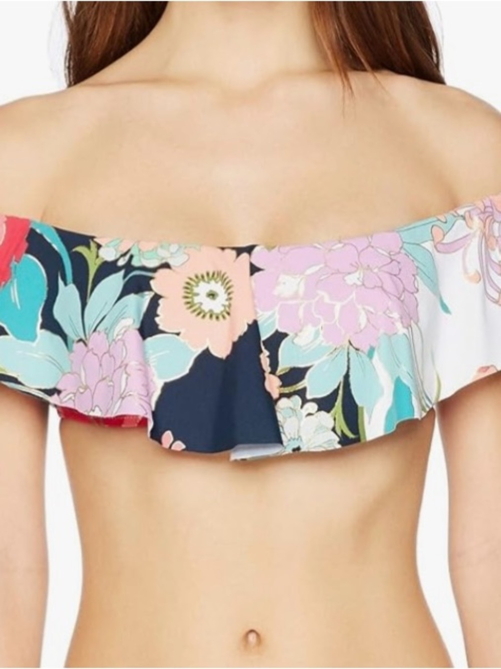 Trina Turk Floral Royal Botanical Off-Shoulder Ruffle Bikini Top, NWT, Size 12